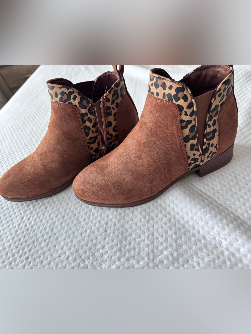 MIA Kids Tan Cognac Suede Leopard Trim Ankle Booties